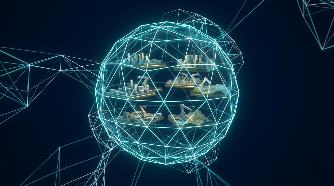 Large World Modelsと空間知能の概念を表す、3Dワイヤーフレームの球体内にミニチュア都市やロボットアームが配置された未来的なビジュアライゼーション