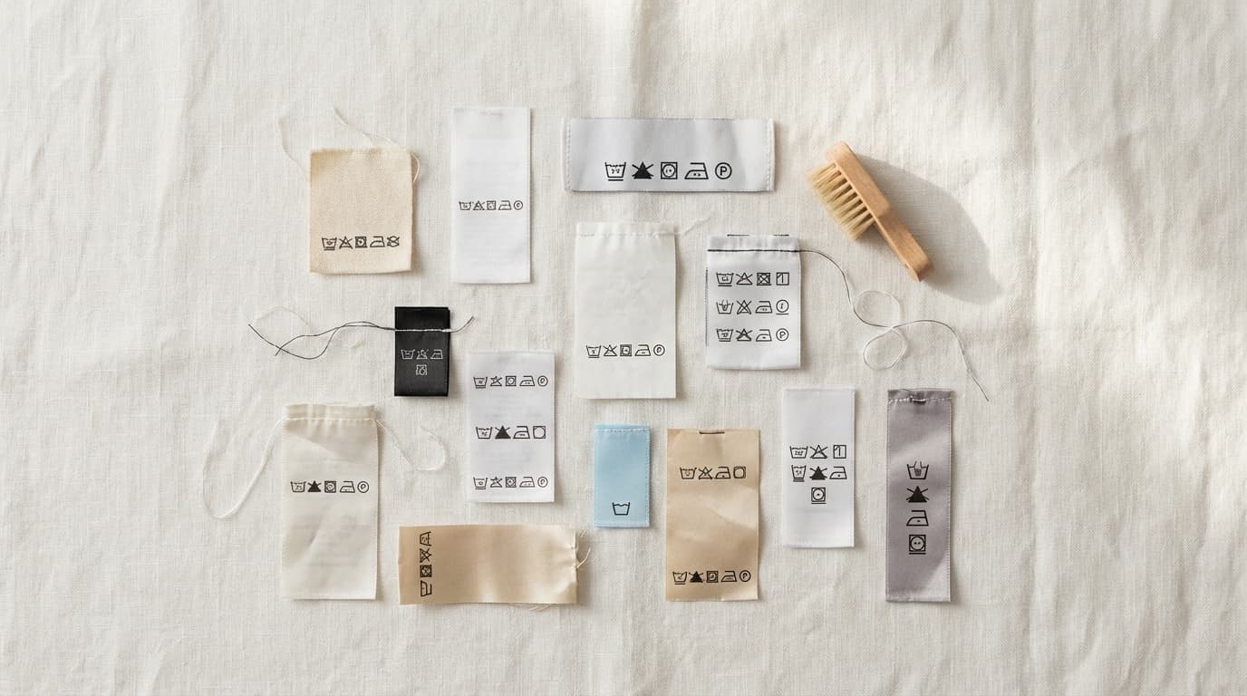 洗濯表示マークが付いた衣類のケアラベルのクローズアップ写真