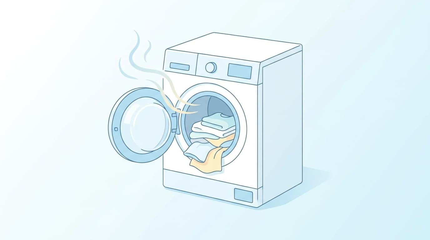 洗濯機に放置された洗濯物と生乾き臭のイメージイラスト