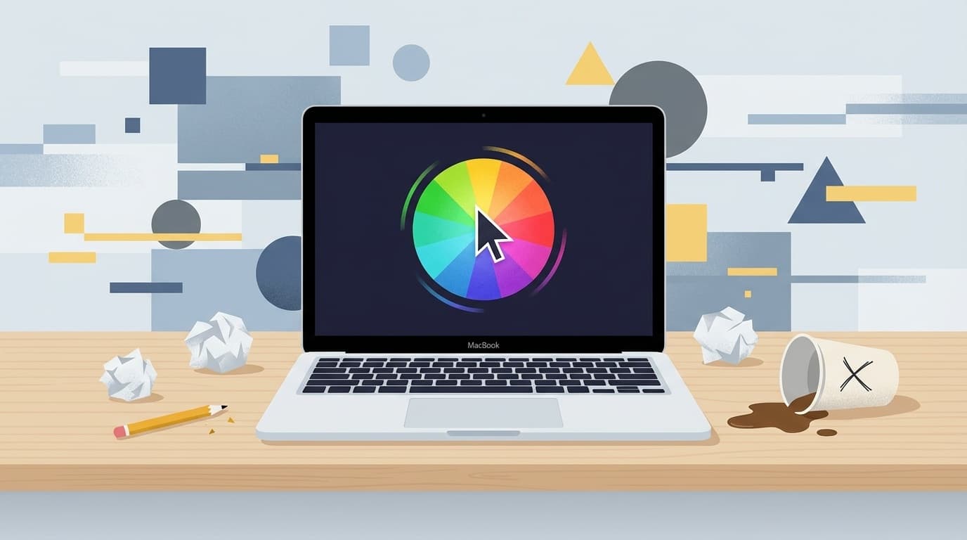 Macのレインボーカーソル(虹色のくるくる)が表示されたMacBookのイラスト