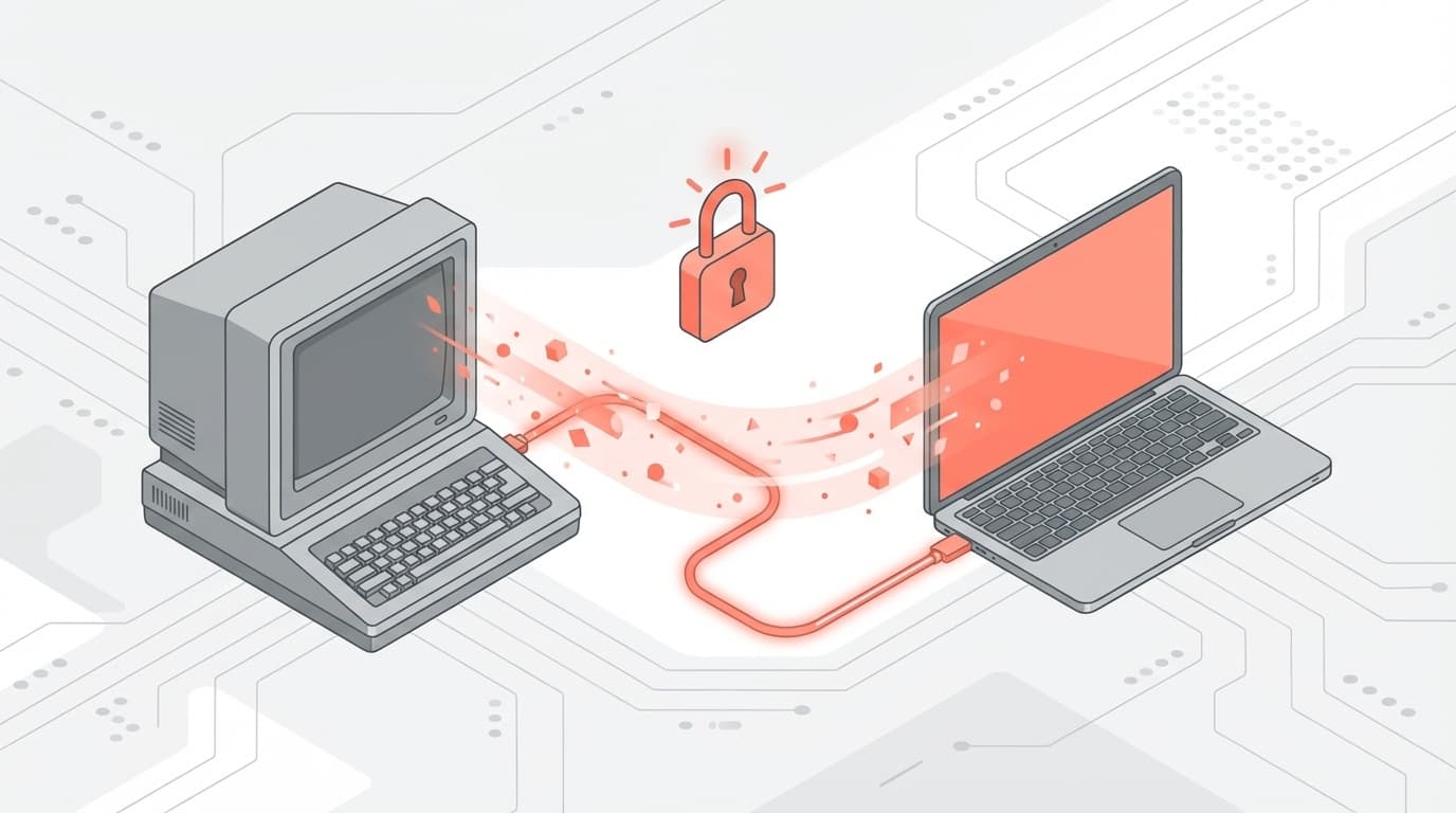 Macの移行アシスタントでデータ移行する2台のノートパソコンとロックアイコンのイラスト