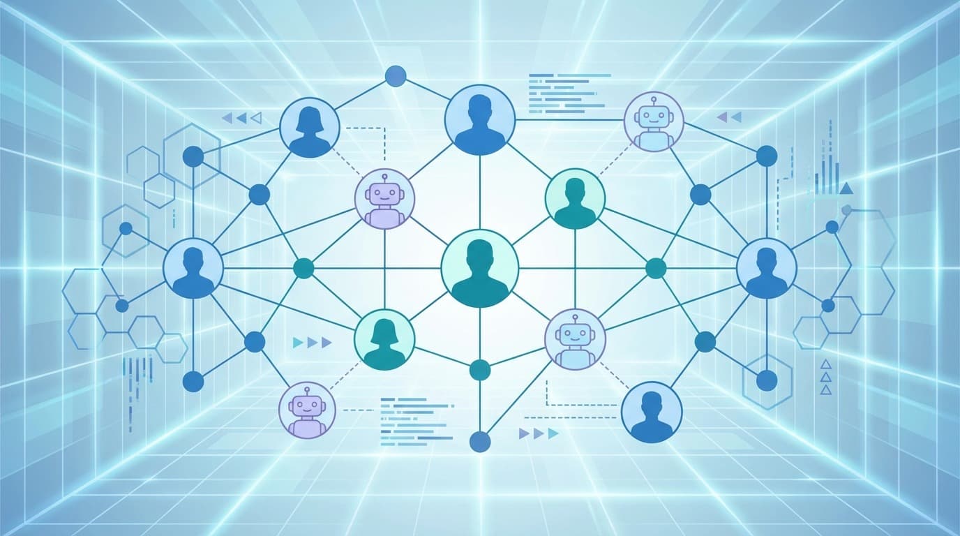 AIエージェントと人間が相互接続されたネットワークで協働するハイブリッドワークフォースの概念図
