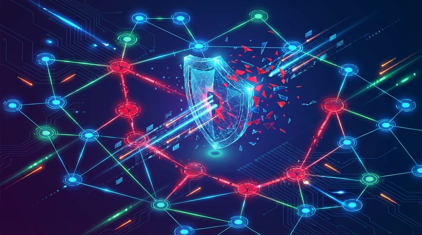 MCPセキュリティの構造的欠陥を示すネットワーク図。脆弱なノードが赤く表示され、デジタルシールドがデータストリームに貫かれている