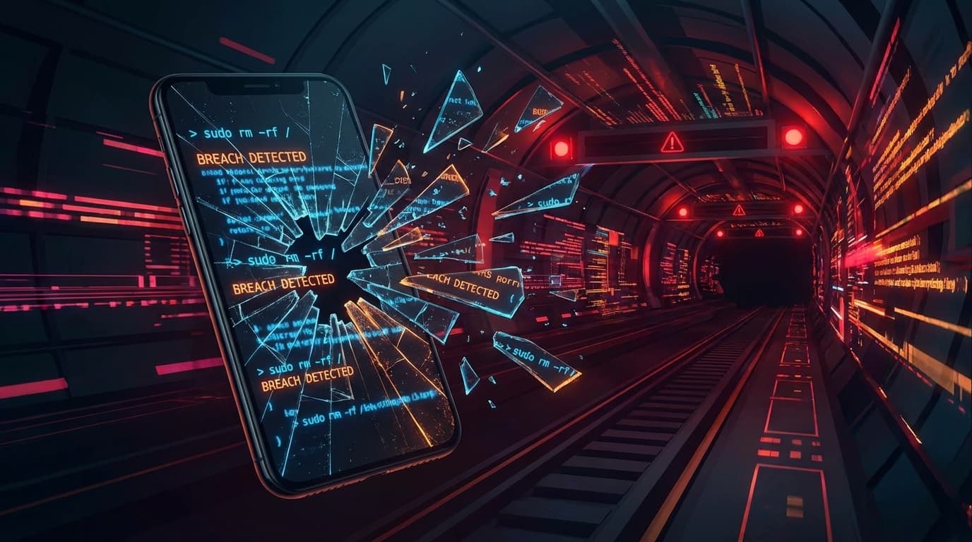 Metro4Shell脆弱性を象徴する、割れたスマートフォン画面からコード断片が飛散するサイバーセキュリティイラスト