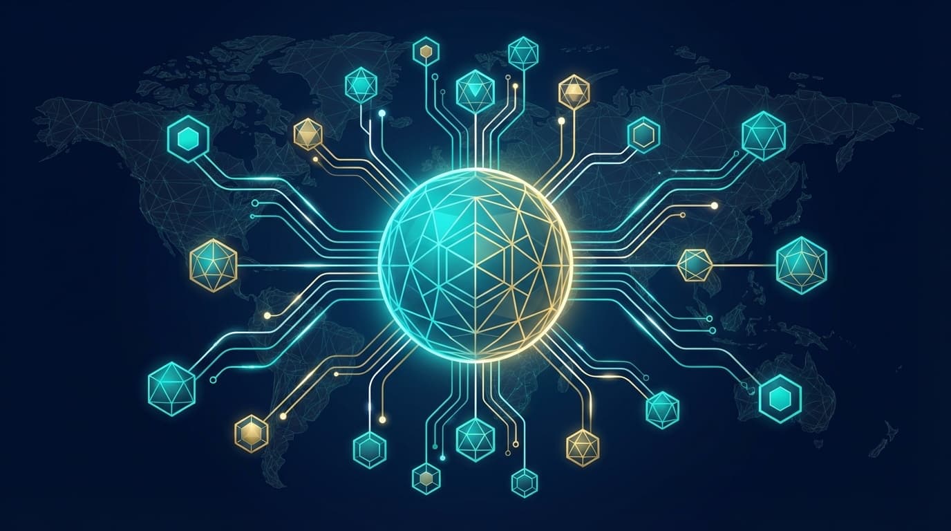 マルチエージェントオーケストレーションの階層型ネットワーク構造。中央のオーケストレーターノードから放射状に接続された特化型ワーカーエージェントが世界地図上に配置された概念図