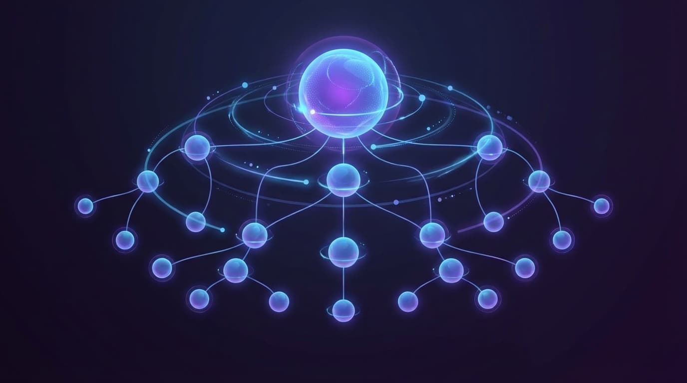 マルチエージェントシステムのイメージ:階層的に接続された複数のAIエージェントノードとデータフロー