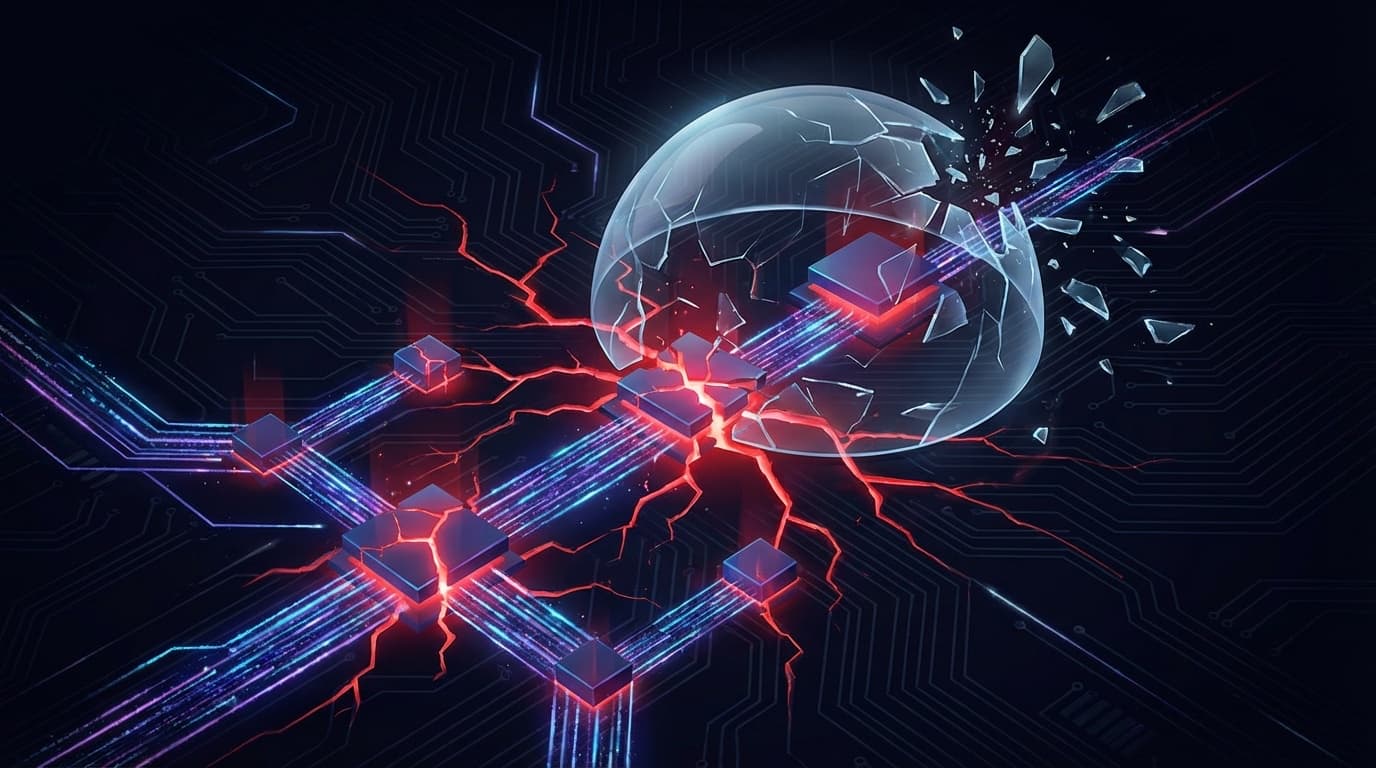 ワークフロー自動化パイプラインのノードを貫く赤い亀裂と砕けるサンドボックスドームの抽象的セキュリティイラスト