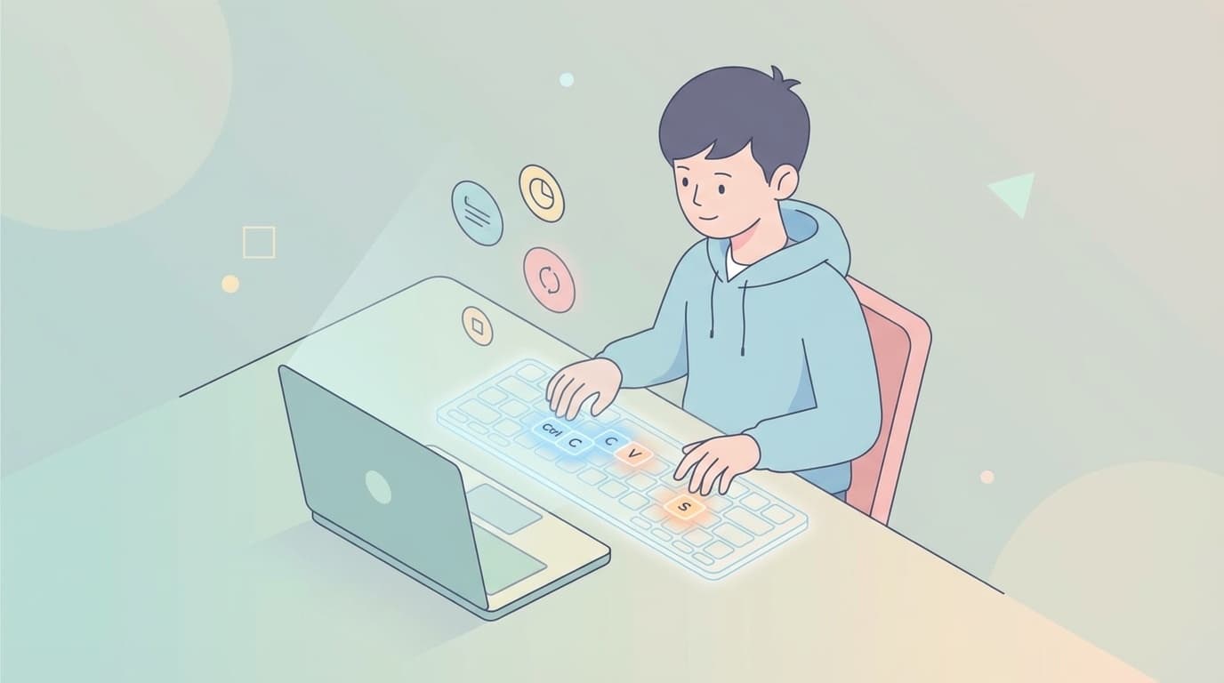 パソコンの前に座ってキーボード操作を学ぶ若い社会人のイラスト