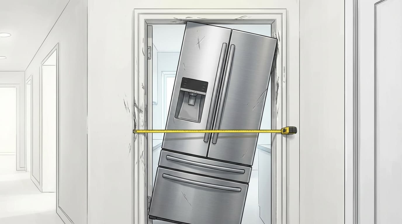 大きな冷蔵庫が狭い玄関のドア枠に引っかかっているイラスト