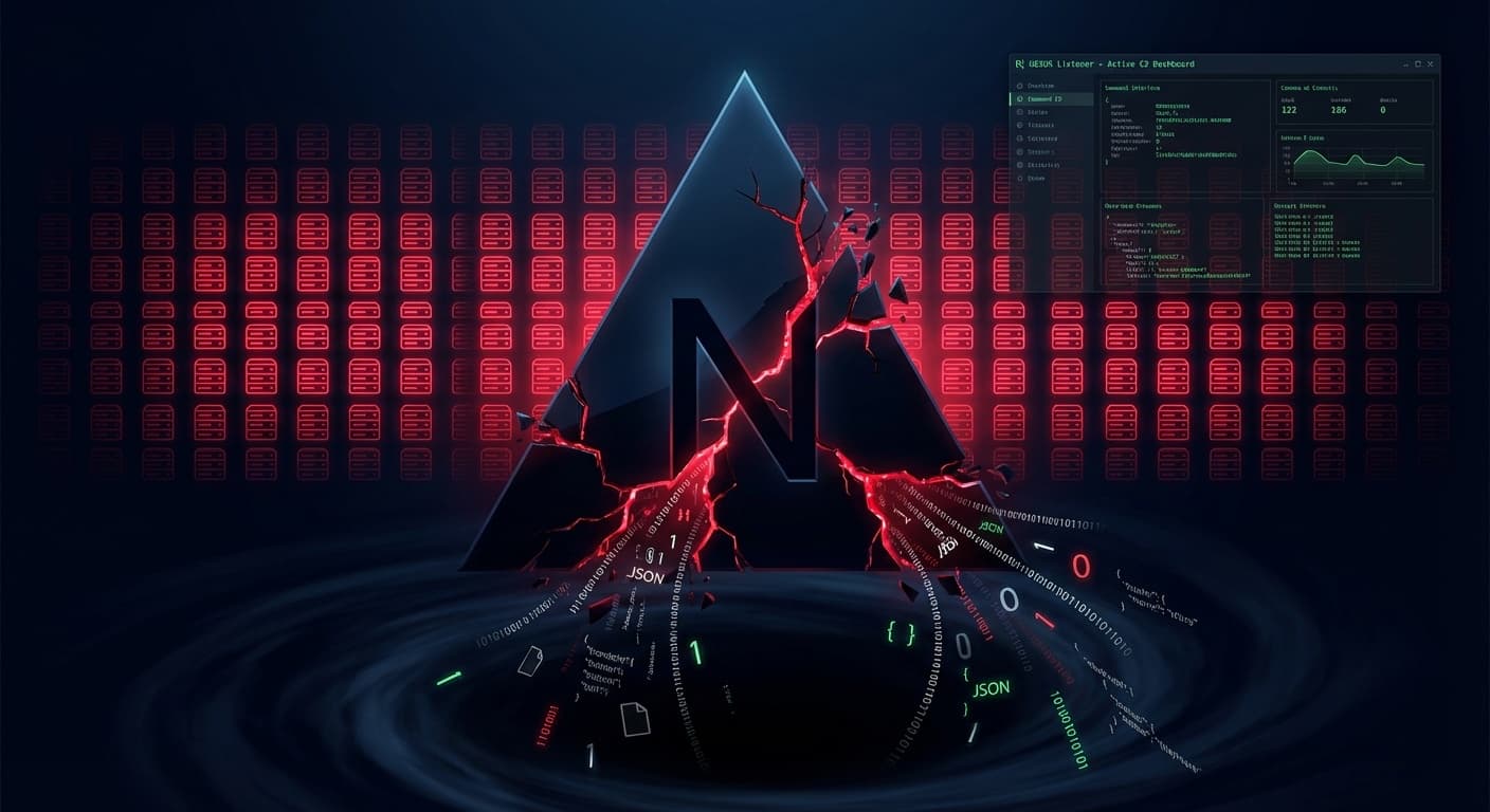 Next.js CVE-2025-55182 React2Shell脆弱性を可視化したサイバーセキュリティイラスト。赤い亀裂が走るNext.jsロゴと侵害されたサーバー群、NEXUS Listener C2ダッシュボード