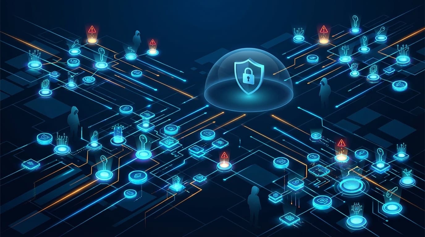 非人間アイデンティティ(NHI)のセキュリティガバナンスを表す、膨大なマシンIDノードとセキュリティシールドのネットワーク図