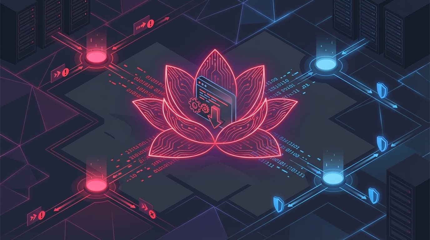 サイバー攻撃によるソフトウェアサプライチェーン侵害を表す概念図。回路パターンで構成された赤い蓮の花がテキストエディタを包み込み、侵害されたノードと正常なノードが対比される