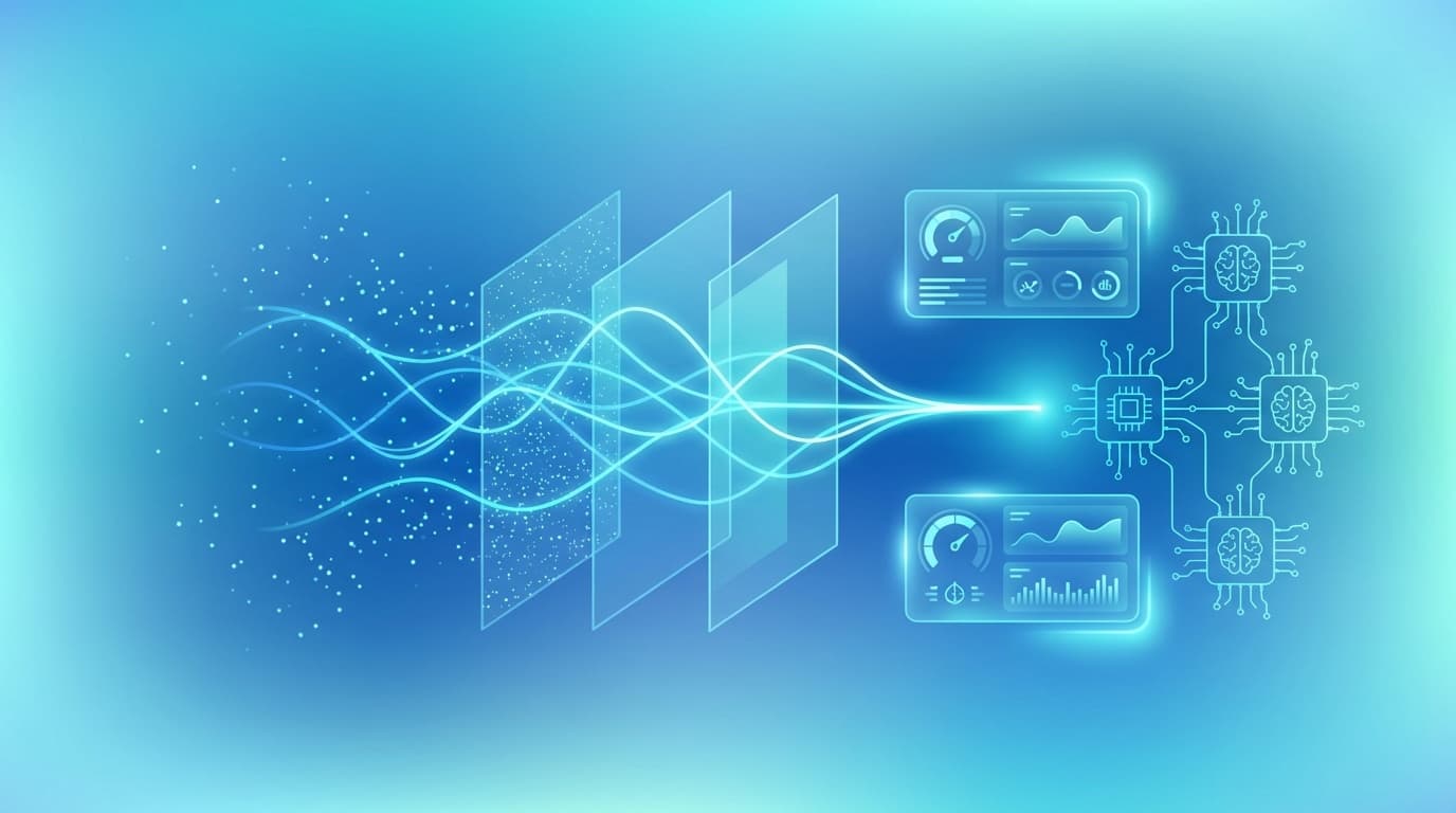 Observability 2.0のイメージ:フィルタリングレイヤーを通過するデータストリームとAI処理ノード