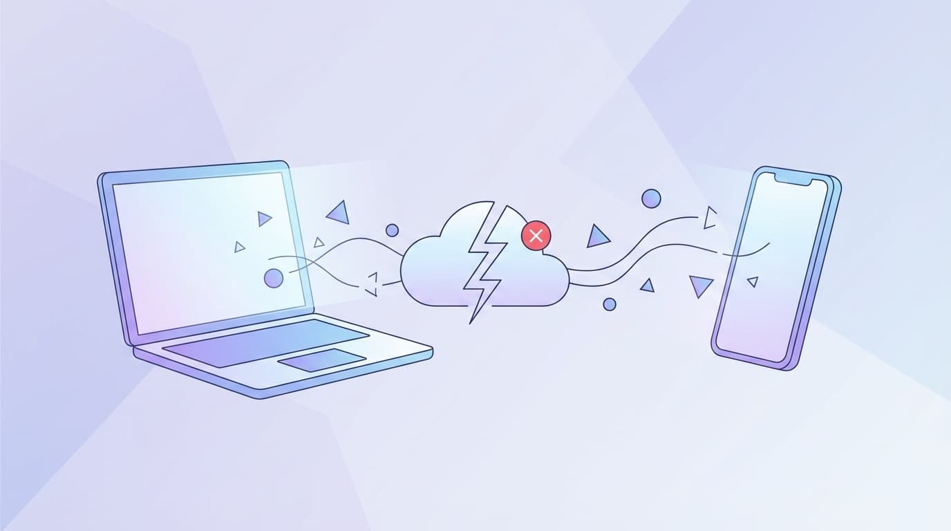 ObsidianのiCloud同期トラブルを表す、ラップトップとスマートフォンの間でクラウド同期が途切れているイラスト