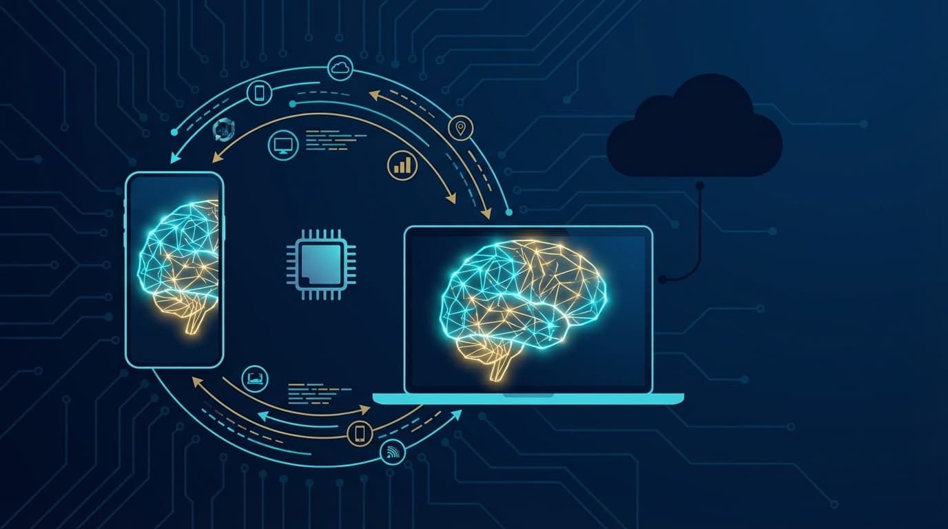 エッジAIとオンデバイス推論を象徴するスマートフォンとノートPC上のニューラルネットワークのイラスト