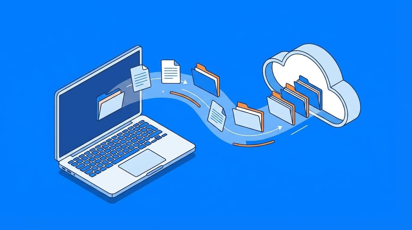 パソコンとクラウドの間でファイルやフォルダが移動する様子を表したイラスト