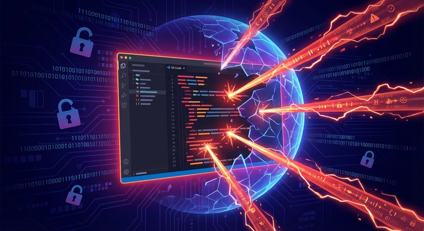 VS Codeエディタインターフェースを貫通する5本の赤い攻撃ベクトル。AI IDE統合の脆弱性を象徴するサイバーセキュリティ概念図