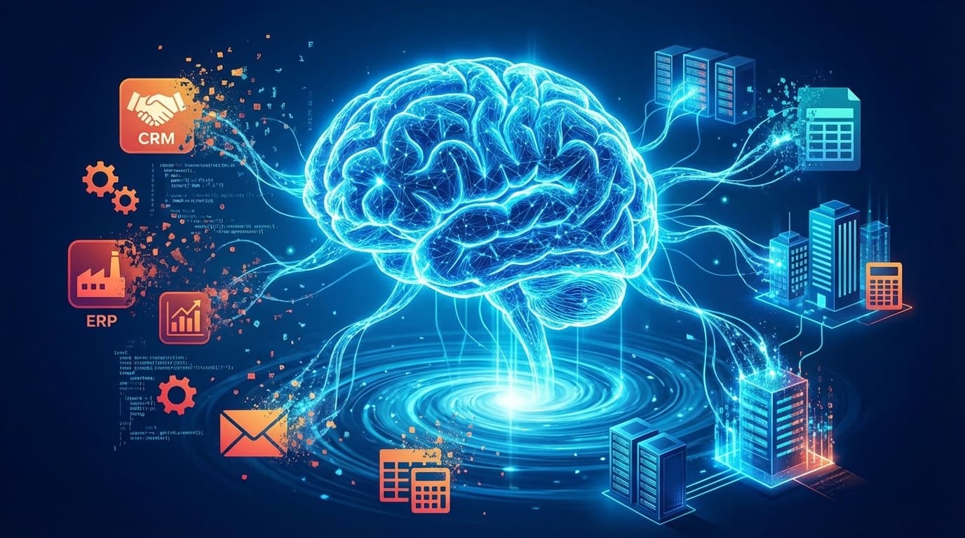 AIニューラルネットワークが従来のCRM・ERPなどSaaSアプリケーションを吸収・再構成する概念図