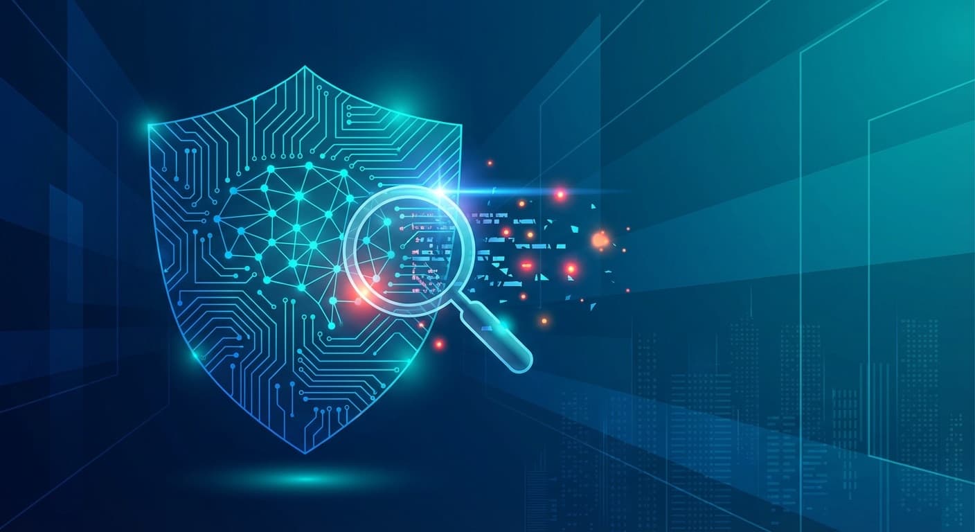 AIセキュリティシールドとニューラルネットワークの融合をイメージした抽象的なイラスト