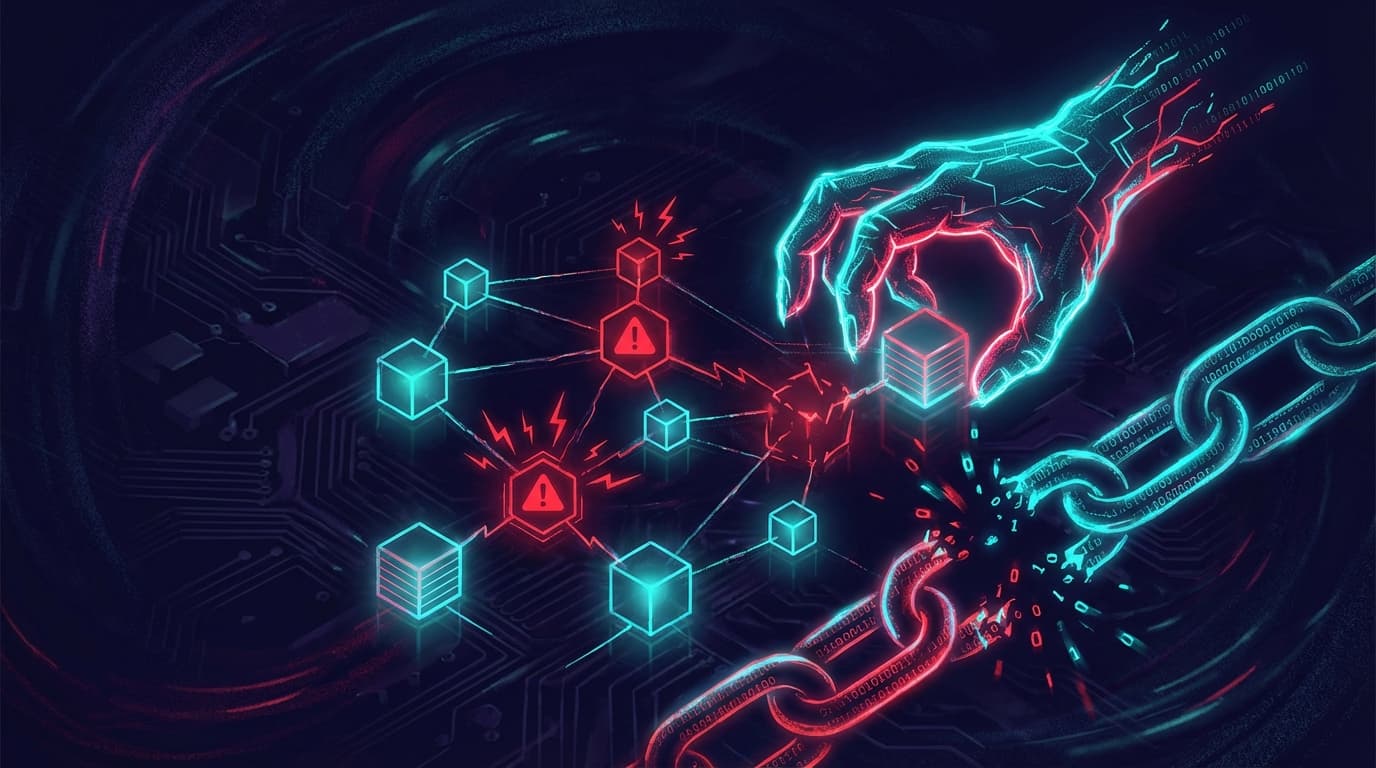 AIエージェントのスキルネットワークに侵入するデジタルな爪の抽象的イラスト。サプライチェーンの鎖が断裂し、警告マークが点灯するノードを描いたサイバーセキュリティのコンセプトアート