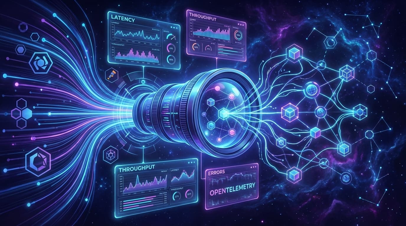 OpenTelemetryによる可観測性革命を表すデータストリームとテレメトリの概念図
