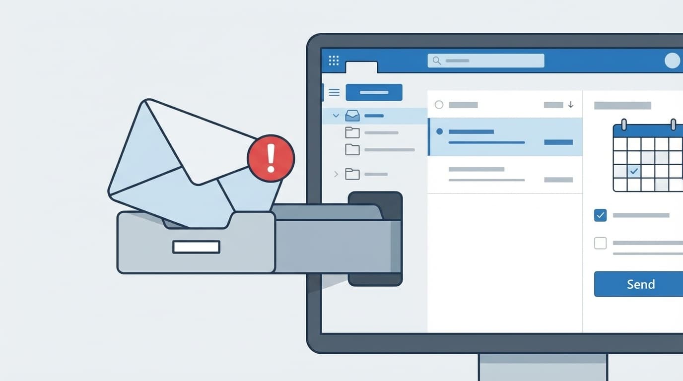 Outlookの送信トレイにメールが溜まって送れないトラブルのイメージ