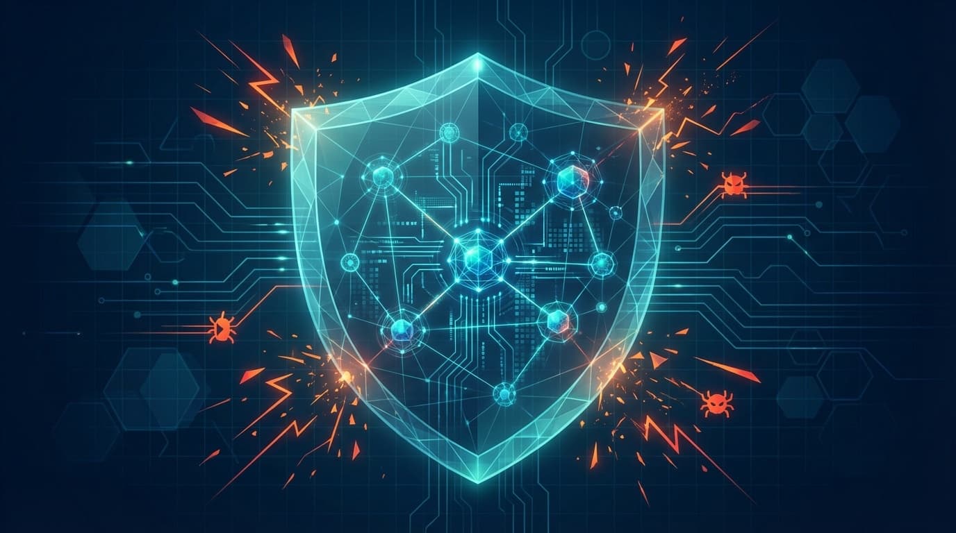 AIエージェントのセキュリティを象徴するシールドとネットワークグラフのイラスト