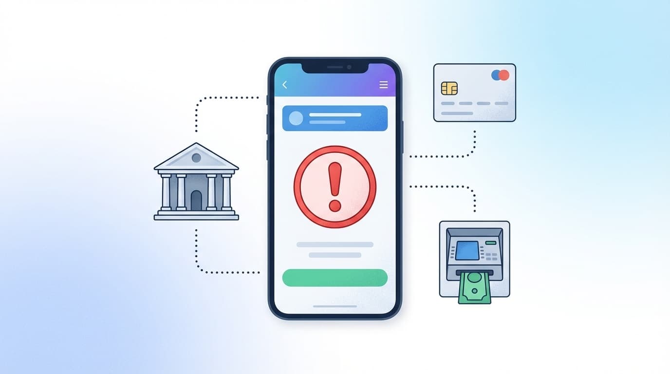 PayPayにチャージできないエラーのイメージ:スマホの決済アプリ画面にエラー表示、周囲に銀行・クレジットカード・ATMのアイコン
