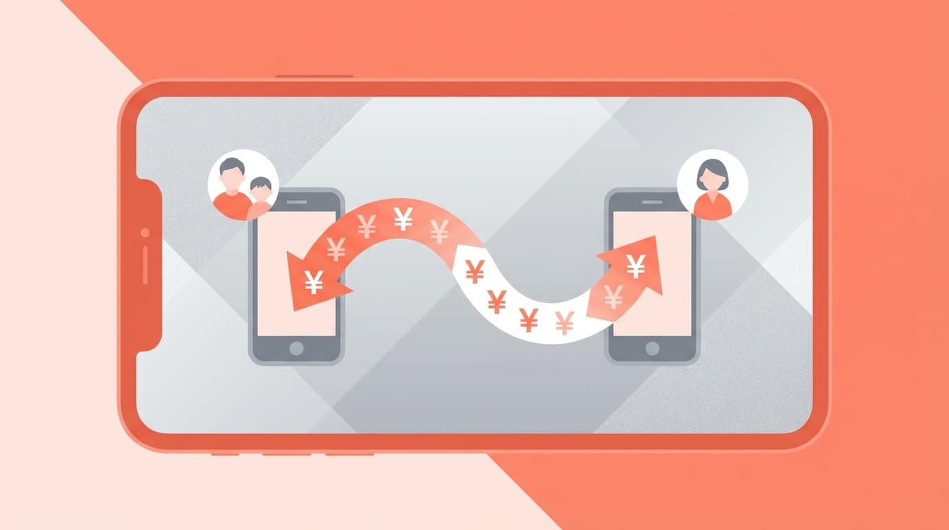 スマートフォン間でキャッシュレス送金するイラスト — 親子間のPayPay送金と贈与税のイメージ