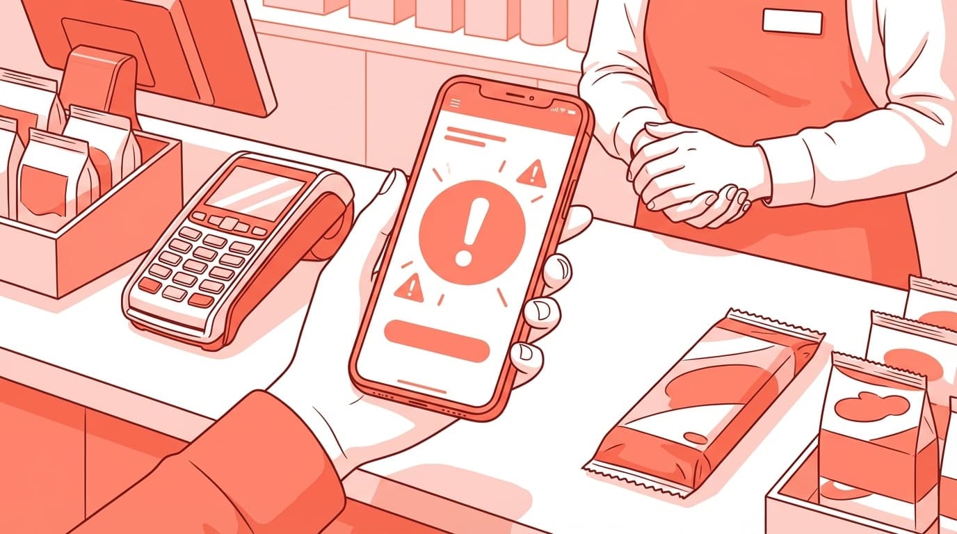 スマートフォンでモバイル決済アプリの利用上限警告が表示されている様子