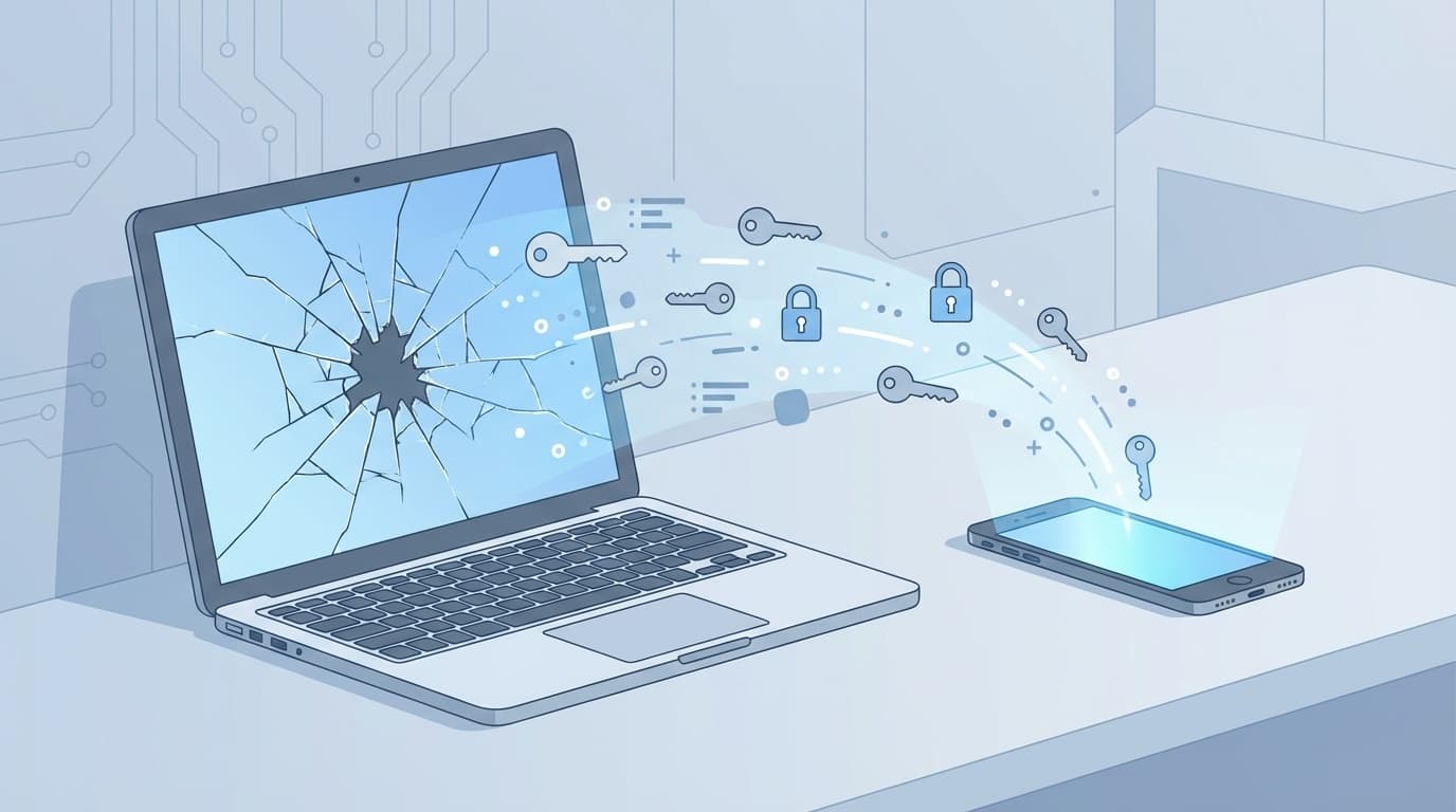 壊れたパソコンからスマホへパスワードが移動するイメージイラスト