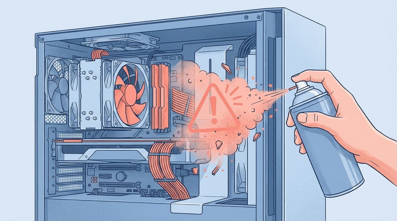 パソコン内部をエアダスターで掃除している様子のイラスト