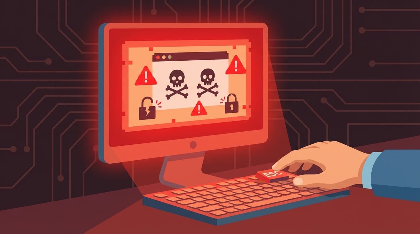 パソコンに表示された偽ウイルス警告画面とESCキーで対処するイメージ