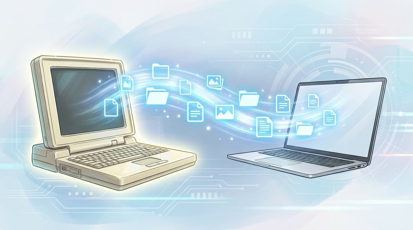 古いパソコンから新しいパソコンへデータを移行するイメージイラスト