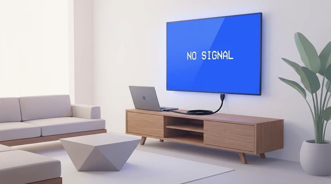 パソコンとテレビをHDMIケーブルで接続しているのにテレビに信号なしと表示されている様子