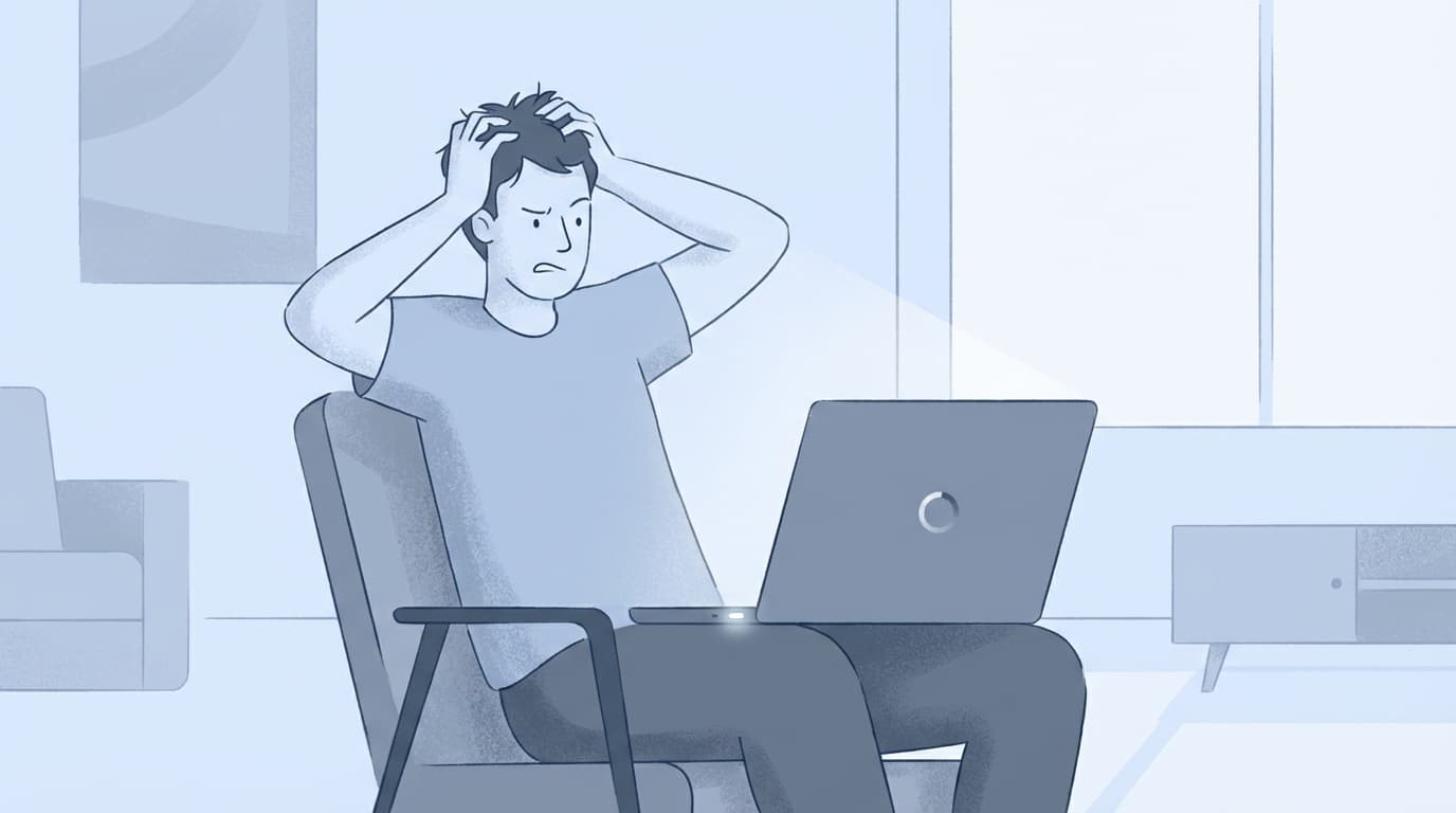 シャットダウンが終わらないパソコンの画面と電源ボタン