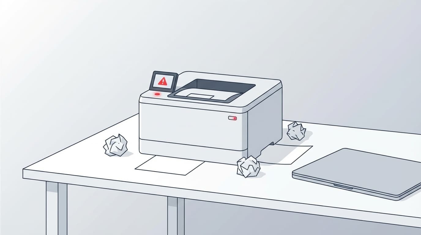 エラー表示のプリンターとノートパソコンのイラスト