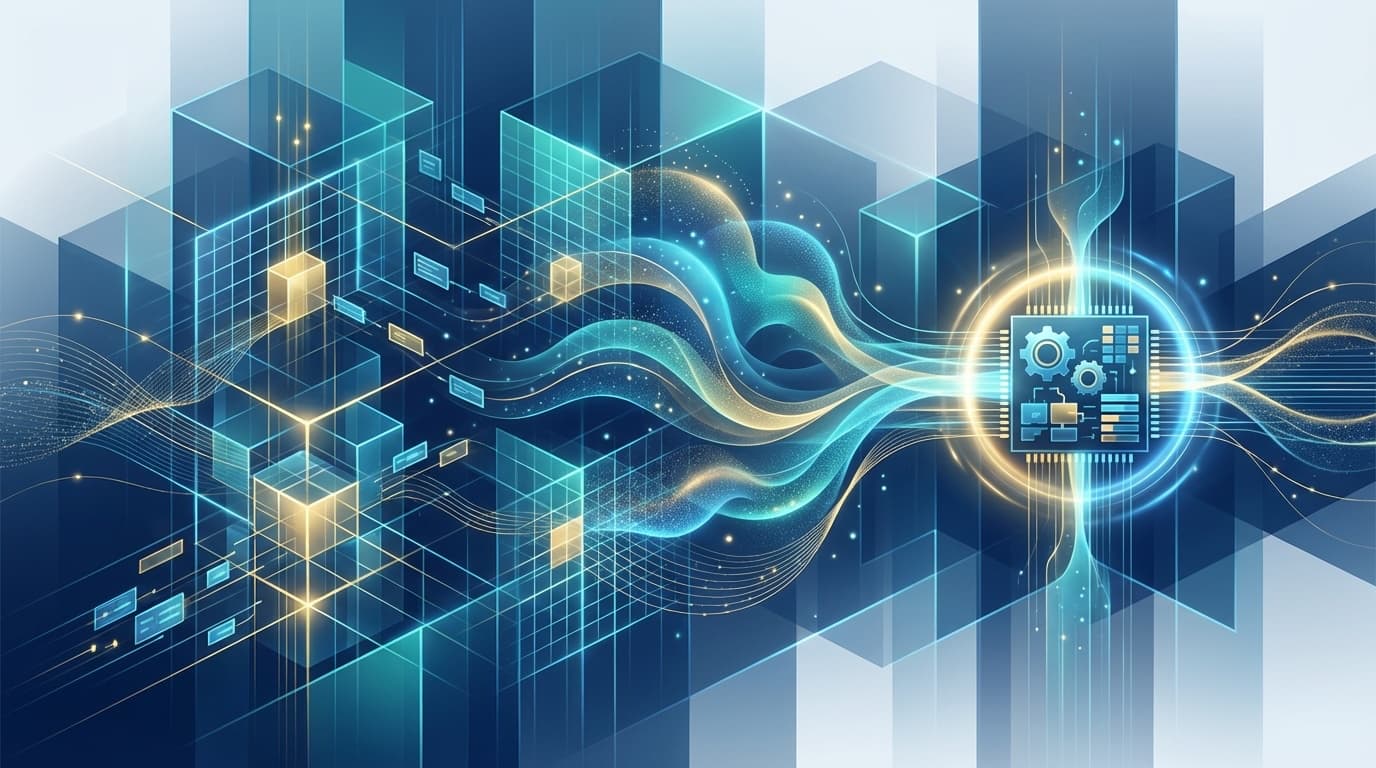 ハイブリッド検索アーキテクチャを抽象的に表現したイラスト。構造化されたグリッドパターンとベクトル空間の流動的なグラデーションが融合し、エンタープライズRAGの多層検索基盤を象徴している