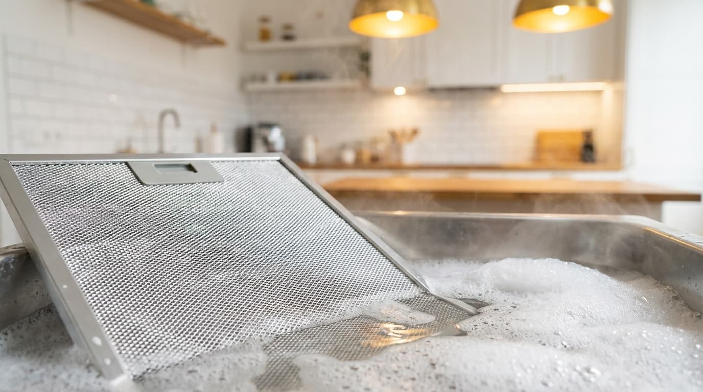 レンジフードのフィルターをお湯につけ置き洗いしている様子