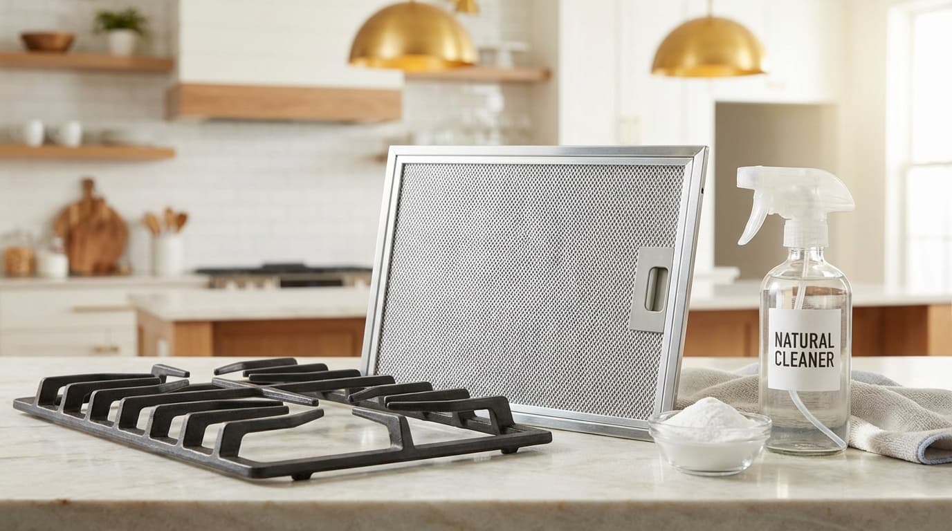 レンジフードとガスコンロの五徳を重曹とスプレーで掃除するイメージ