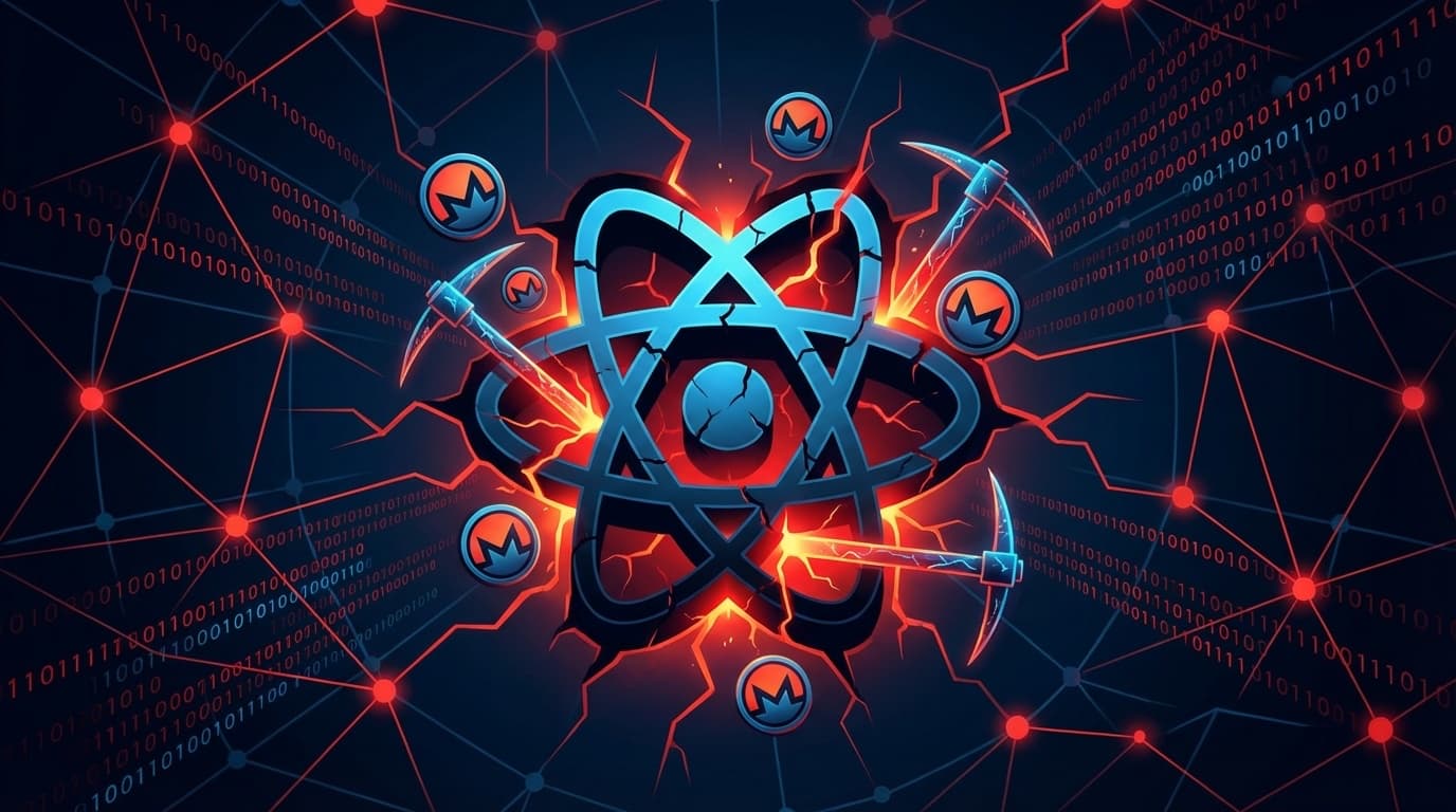 React2Shell攻撃の概念図:破損したReactロゴからクリプトマイナーとMoneroシンボルが放射状に広がる様子を表現したサイバーセキュリティイラスト