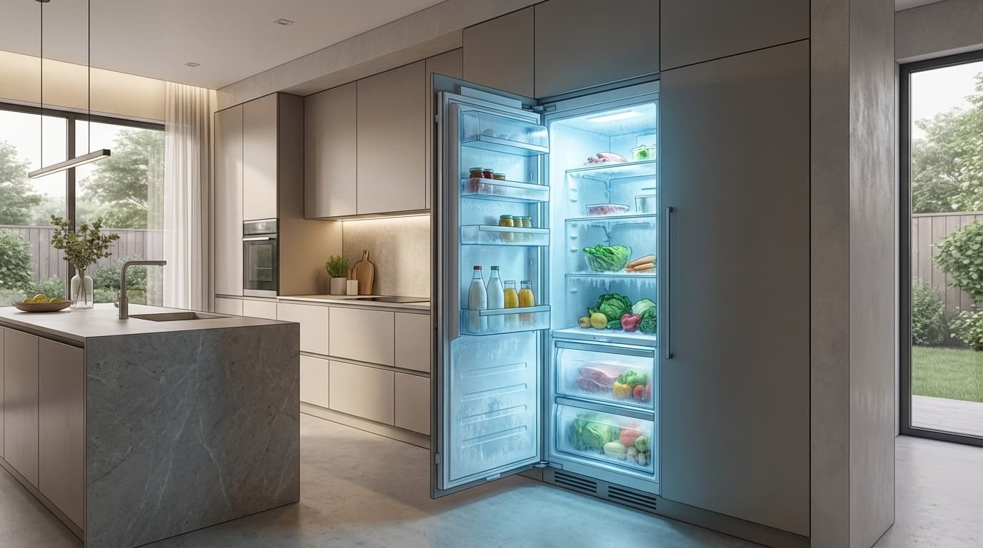 冷蔵庫が冷えないときの対処法イメージ — 青く光る冷蔵庫のイラスト