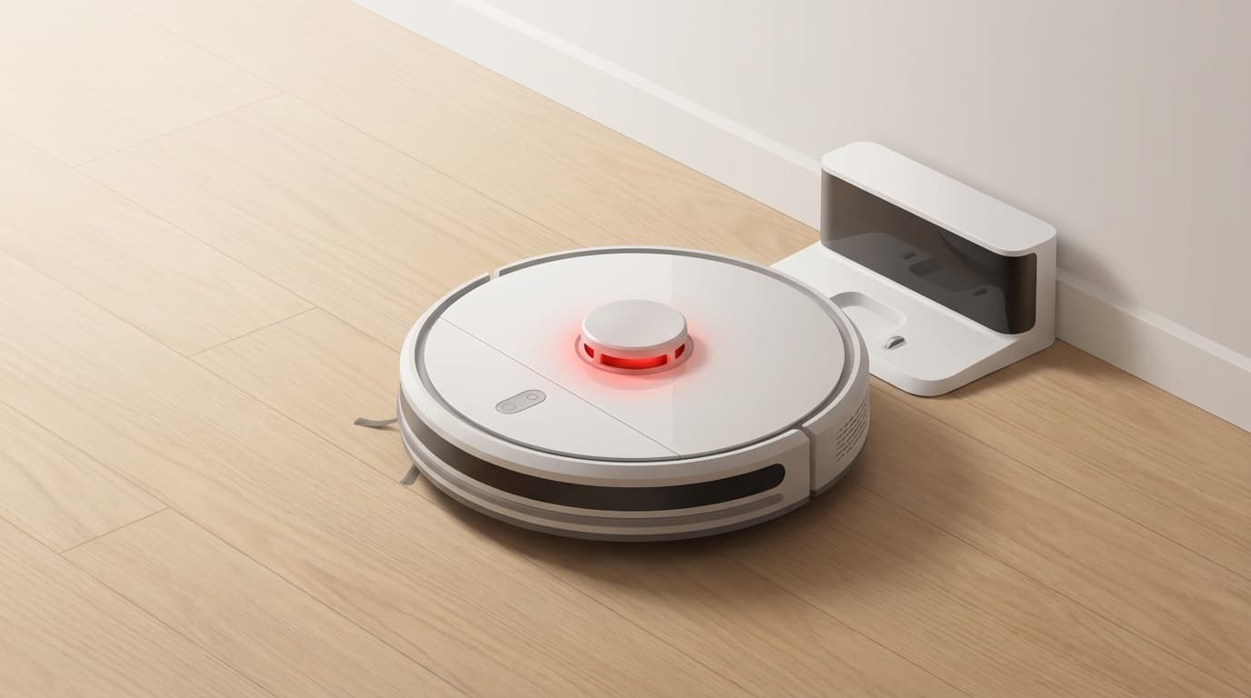 ロボット掃除機が充電ステーションの前で赤いランプを点灯させているイラスト