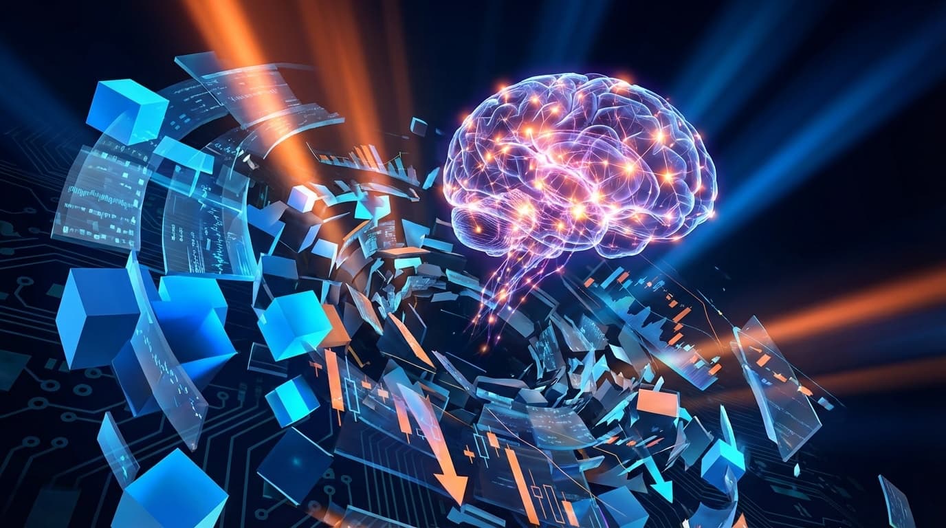 SaaSpocalypseのイメージ:崩壊するデジタル構造物と株価チャート、そこから現れるAIニューラルネットワーク