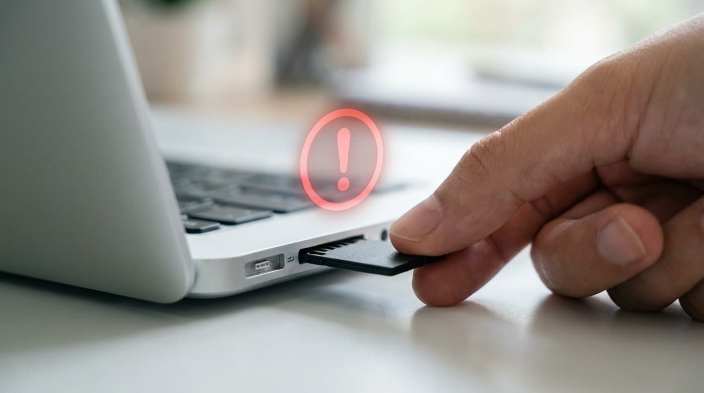 SDカードをノートパソコンのカードリーダーに挿入している様子