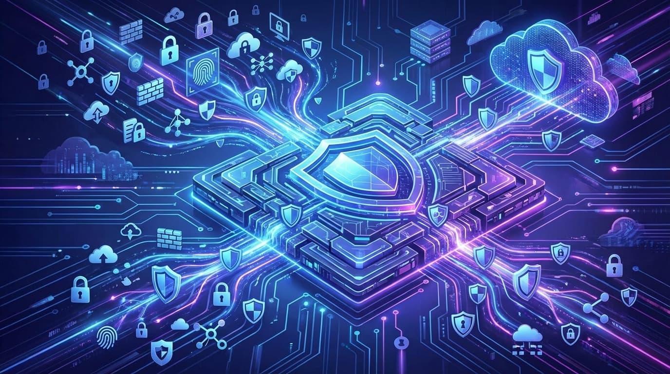 セキュリティツール統合を表す抽象的なデジタルイラスト