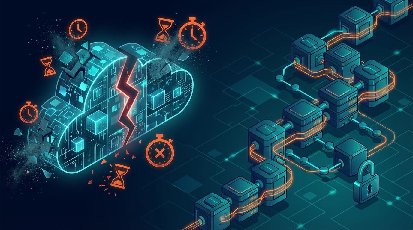 サーバーレスの限界とDurable Executionの台頭を表現した抽象イラスト。崩壊するクラウドとタイムアウトのシンボル、堅牢に接続されたノードチェーンの対比