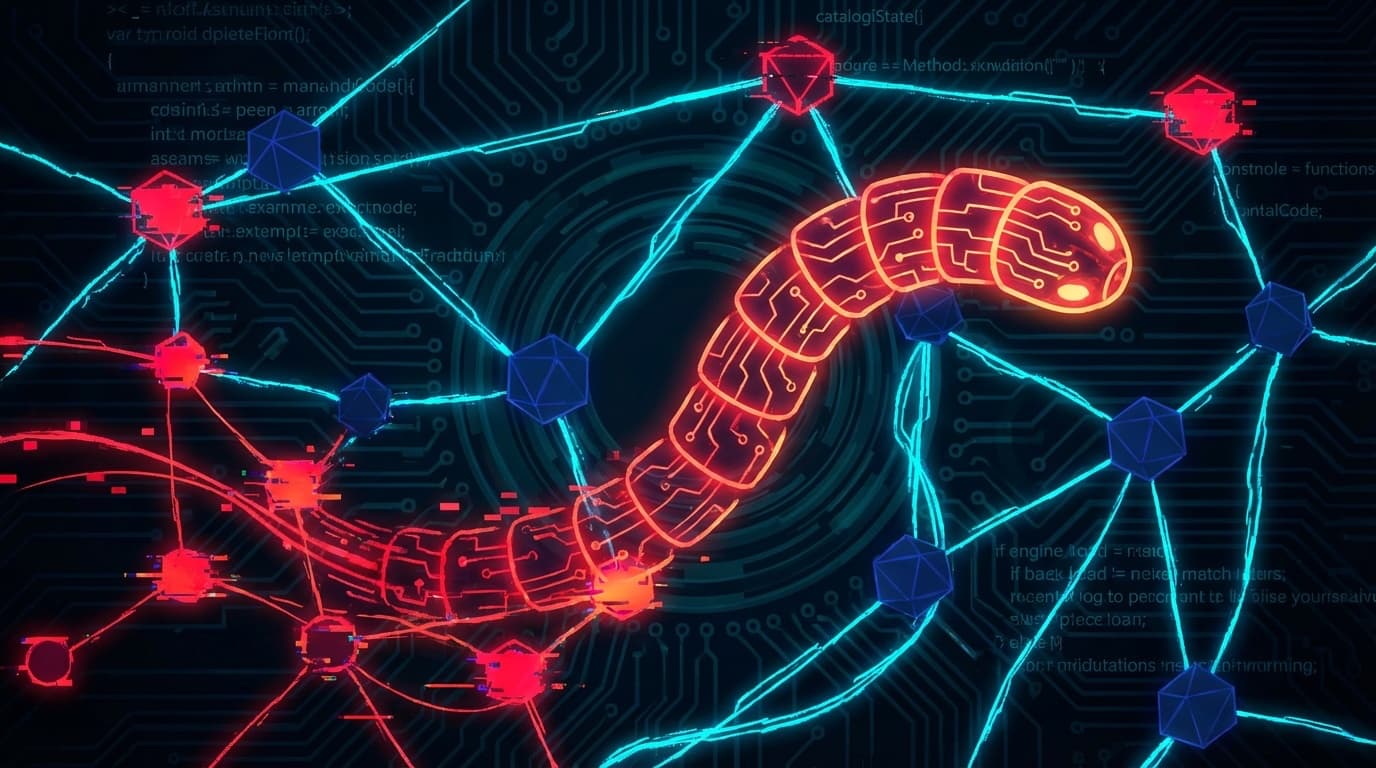 npmサプライチェーンワームがパッケージ依存関係グラフを伝播するイメージ図