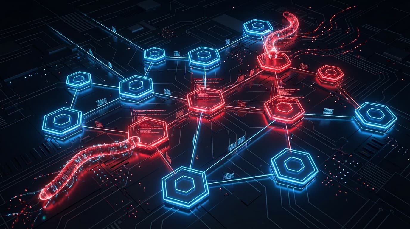 サプライチェーン攻撃を表す抽象的なイラスト:自己複製型ワームが相互接続されたソフトウェアパッケージノードを侵害する様子