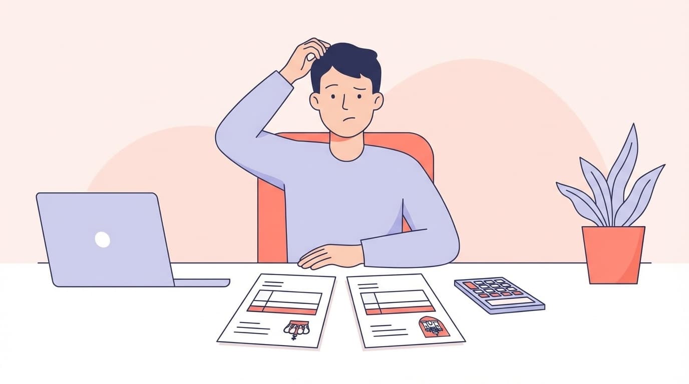 副業の確定申告と住民税の申告書類を前に悩む人のイラスト